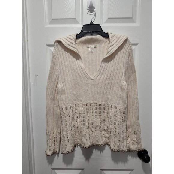 TOMMY BAHAMA Fringed Johnny Sweater, MEDIUM, Italian Cotton Knit Natural Crochet - Picture 1 of 8